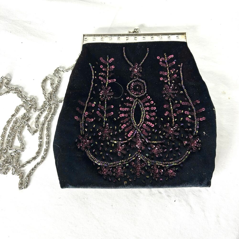 Vintage Preston & York Black Velvet Beaded Kiss Lock Evening Bag Chain Purse Y2K